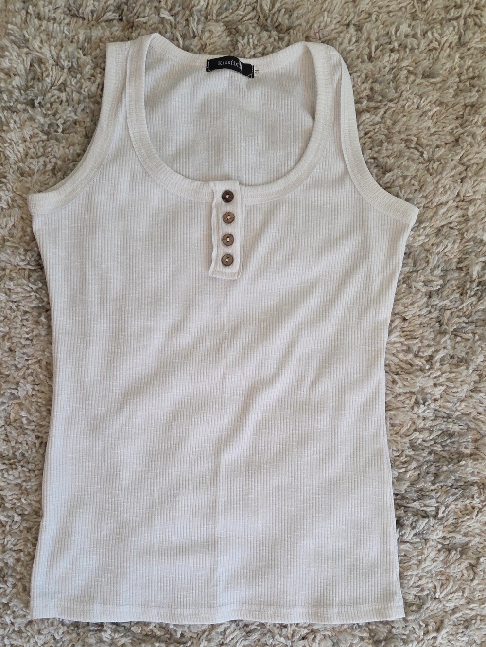 White Ribbed Tank Top with Button Placket